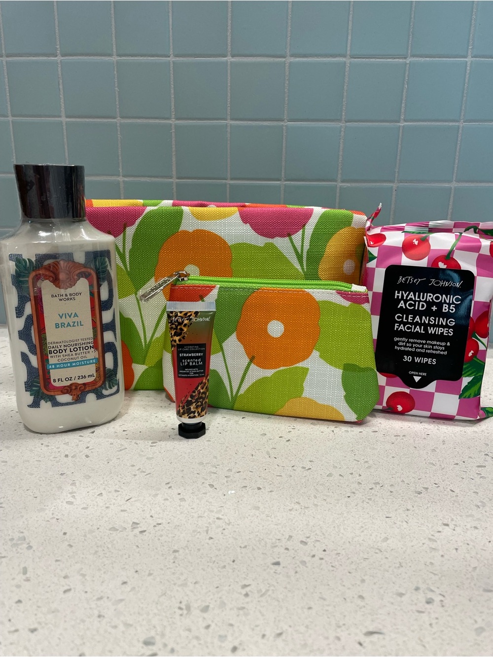 Bundle -Clinique Makeup bag, BBW lotion, Betsey Johnson face wipes, and lip balm